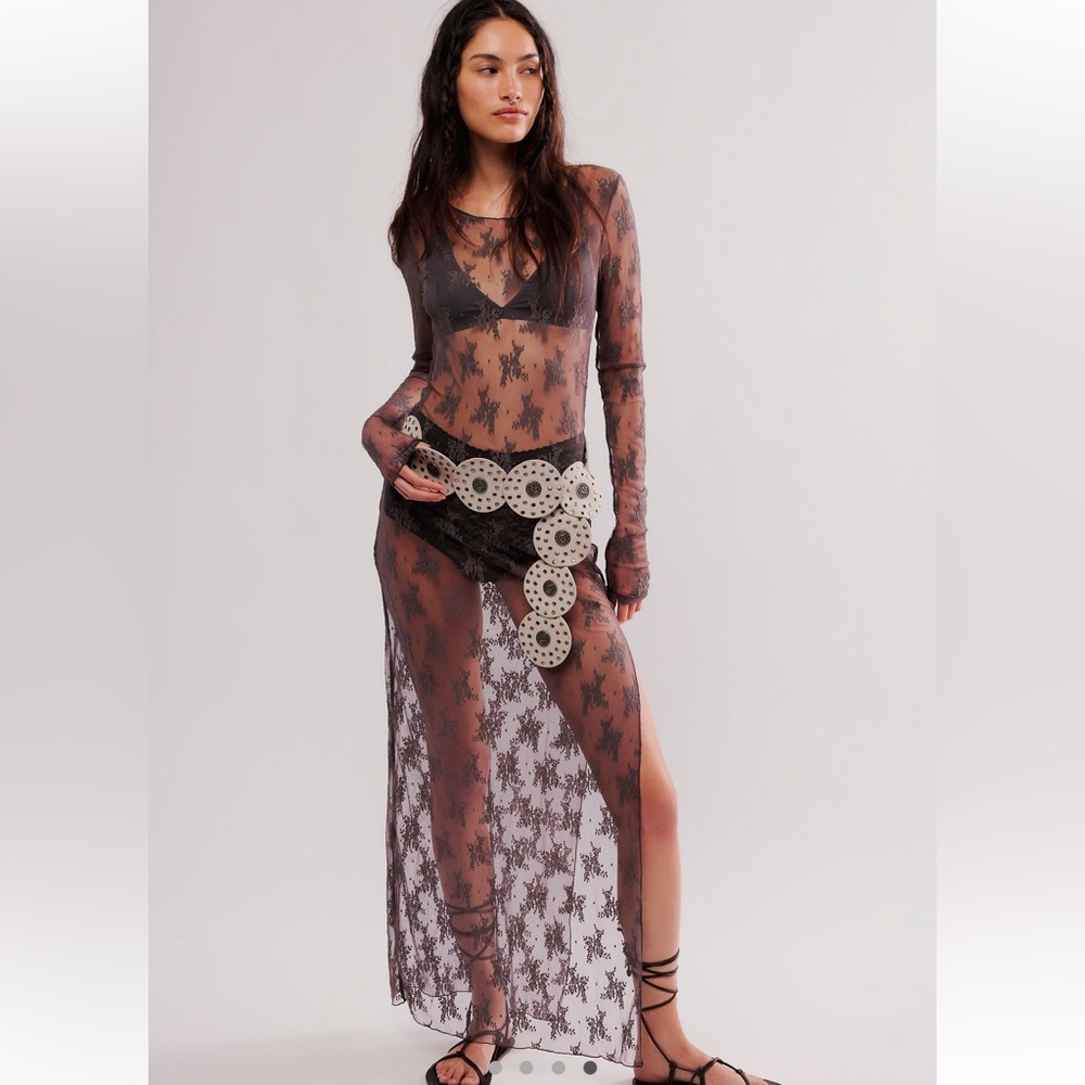 Free People Lux Maxi Slip Dress Mesh Lace Dark Grey Size M NWOT Sold Out